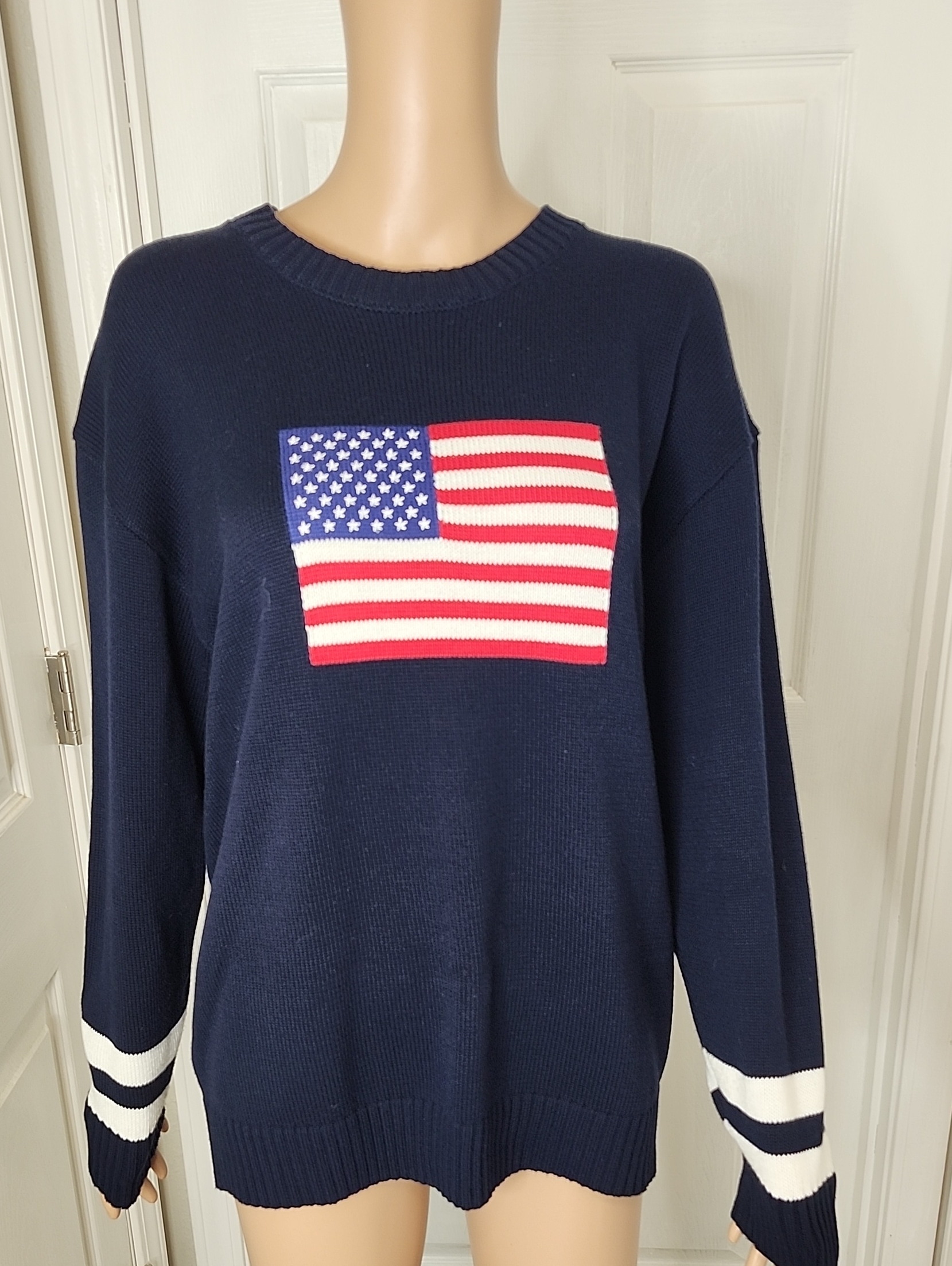 New Patriotic Flag Motif Navy Football Crewneck Sweater